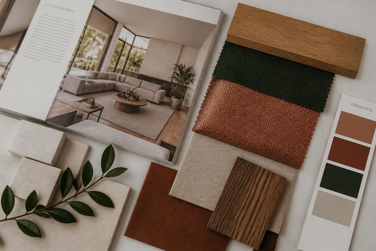 Moodboard mit Architekturzeitschrift, Holz-, Stoff- und Farbmustern