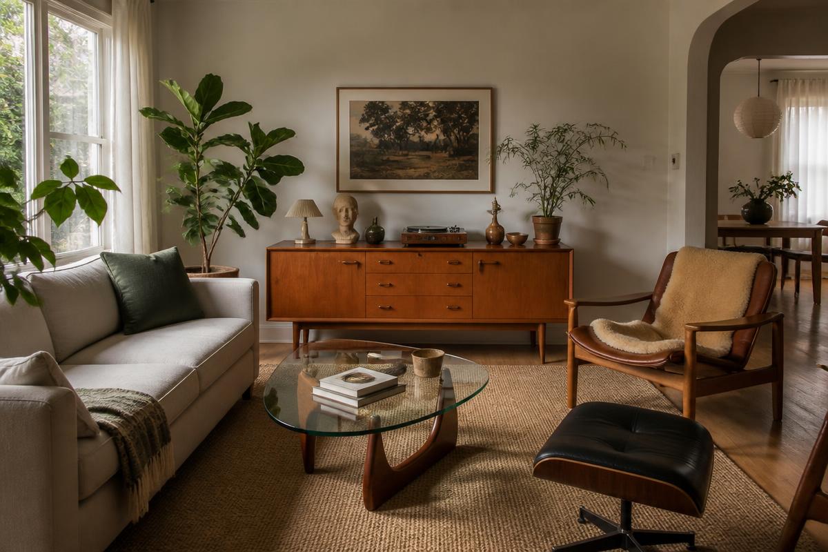 Fertig eingerichtetes Wohnzimmer mit Second-Life-Möbeln im Mid-Century-Stil