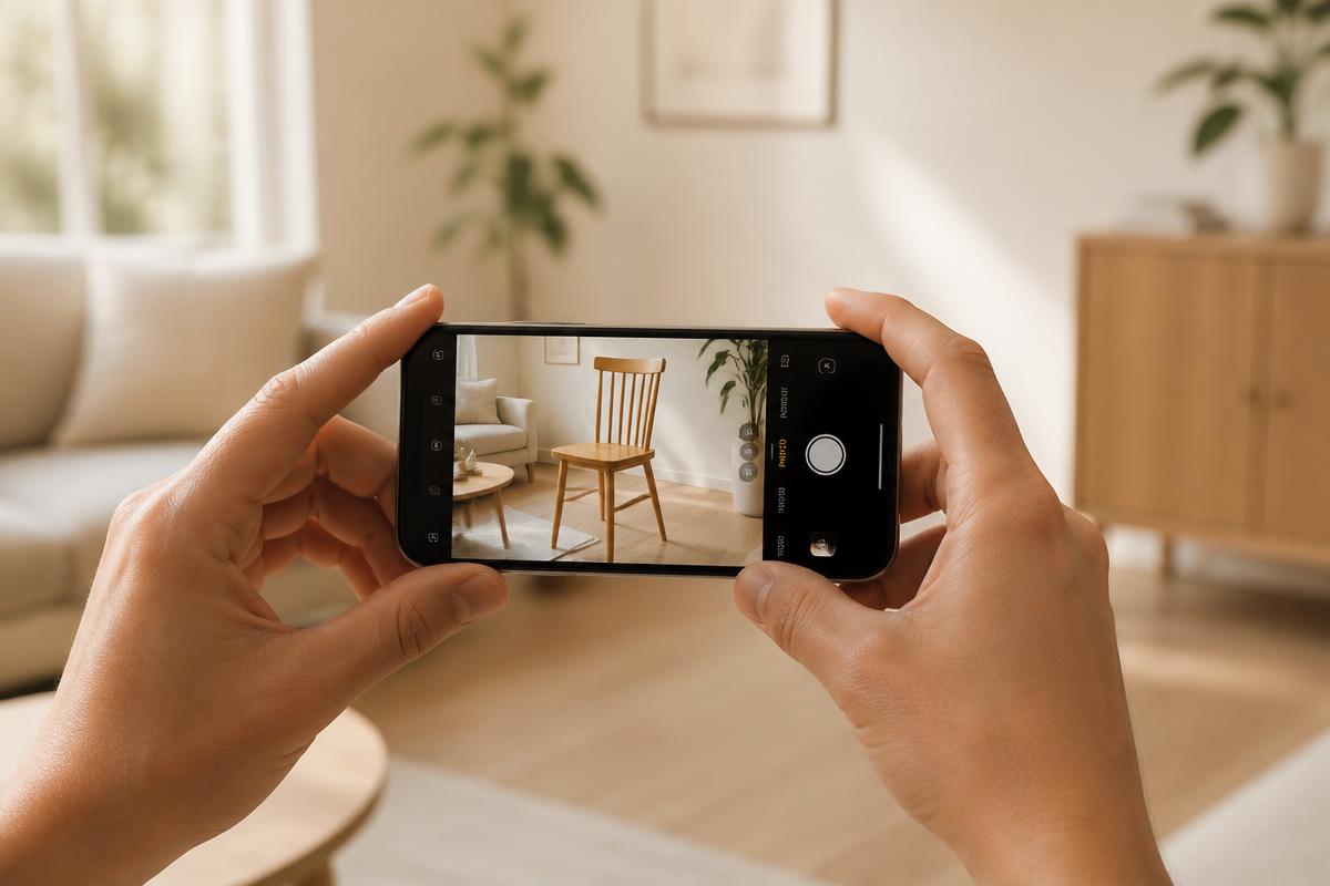 Person fotografiert mit dem Smartphone einen Holzstuhl im Wohnzimmer