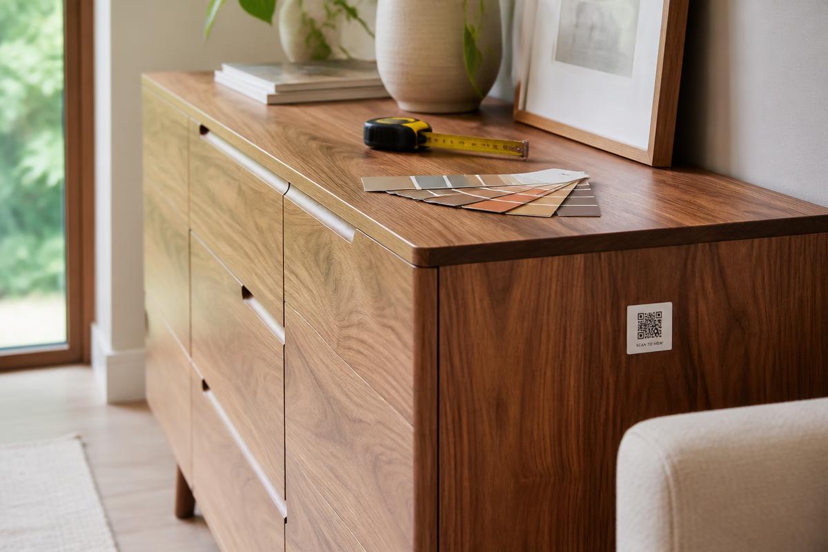 Sideboard aus Walnussholz mit QR-Code-Label, Maßband und Farbmustern
