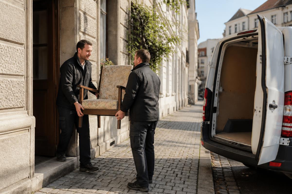 Zwei Transporteure tragen einen Sessel aus einem Hauseingang zum Transporter